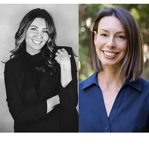 side by side images, on the left black and white photo of a smiling woman with dark hair in dark clothes against a gray backdrop, and on the right, a photo of a smiling woman with short dark hair in a blue top