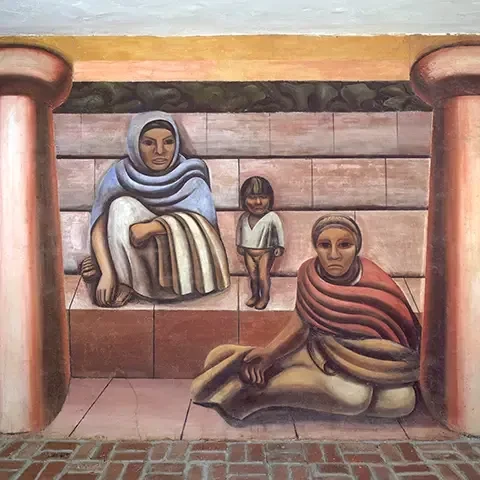 detail of a mural depicting two seated adults and one standing infant between two columns looking at the viewer