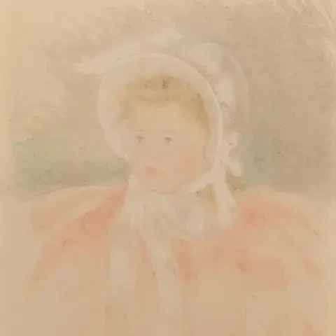 Portrait of a young blonde girl wearing a white bonnet and pink dress, her face turned to the left. 
