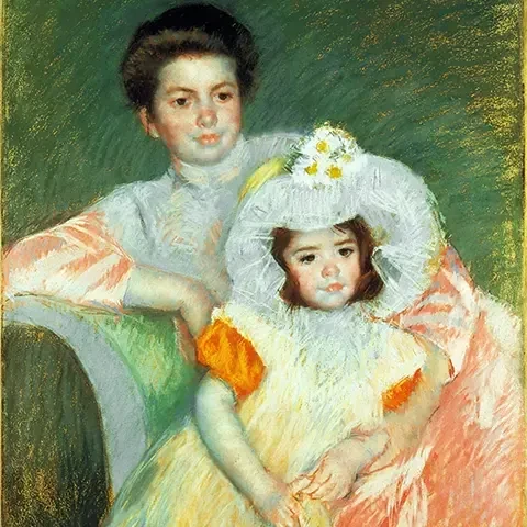 portrait of a woman and little girl in a floral hat in repose