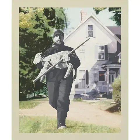 painting of a black and white shepherd carrying a lamb away from a house rendered in color