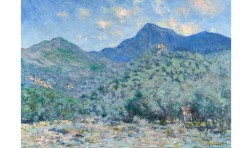 impressionist painting of a landscape with mountains in a cool palette of blues and greens