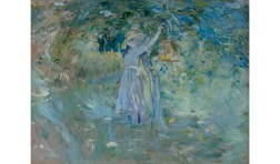 impressionist view of a woman in a field and a cool palette of blues and greens