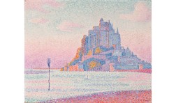 impressionist painting of the Mont Saint-Michel at sunset in a warm palette of pinks, oranges, and blues
