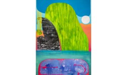 abstract painting evoking a landscape with a bright palette including blues, greens, and purples