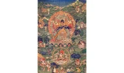 opaque watercolor on cotton of Kalachakra Embracing Consort Vishvamata