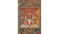 detail of opaque watercolor on cotton of a Tibetan mandala of a goddess