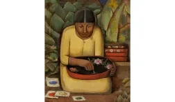 oil on board portrait of Uruapan painter kneeling at work