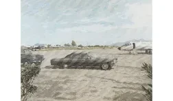 oil on canvas of faded scene of a car on a tarmac with a plane in the background
