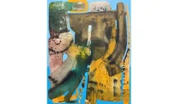 abstract work on canvas with green, yellow, pink, and brown areas on a light blue background