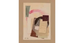 abstract collage of various shapes, colors, and sizes of paper in a vertical orientation