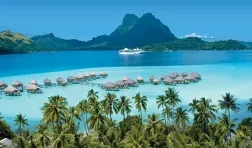 Bora Bora Overwater Bungalows, trees at bottom, from PG press site