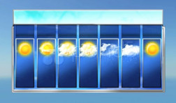graphic featuring a light blue background and a grid of dark blue columns overlaid on top suggesting a 7-day weather report but with no test or numbers only graphics of a sun or clouds