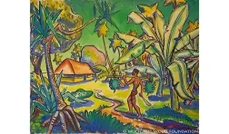 colorful rendering of an island scene with a shirtless man walking away carrying bunches of bananas over his shoulder towards a bungalow