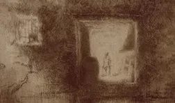 etching of a figure in a room