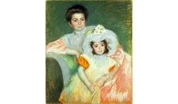 Portrait of a woman wearing a pink and white dress, with a girl in a pink and yellow dress seated in front of her, both gazing slightly off to the side of the frame.