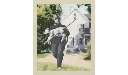 painting of a black and white shepherd carrying a lamb away from a house rendered in color