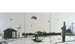 black and white painting in triptych of a house on a beach and paratroopers floating above being surveyed by a man on the right panel