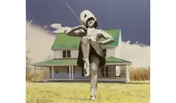 painting of an oversized black and white drum majorette in the foreground and a farm house in color in the background