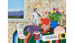 painting of a room featuring a table covered in household items and a view of the mountains