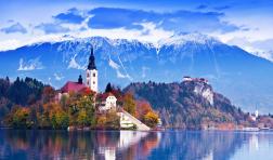 Bled with lake, island, castle and mountains in background, Slovenia
