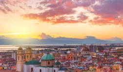 Cagliari skyline during the sunset, evening panorama of Sardinia capital, Italy.